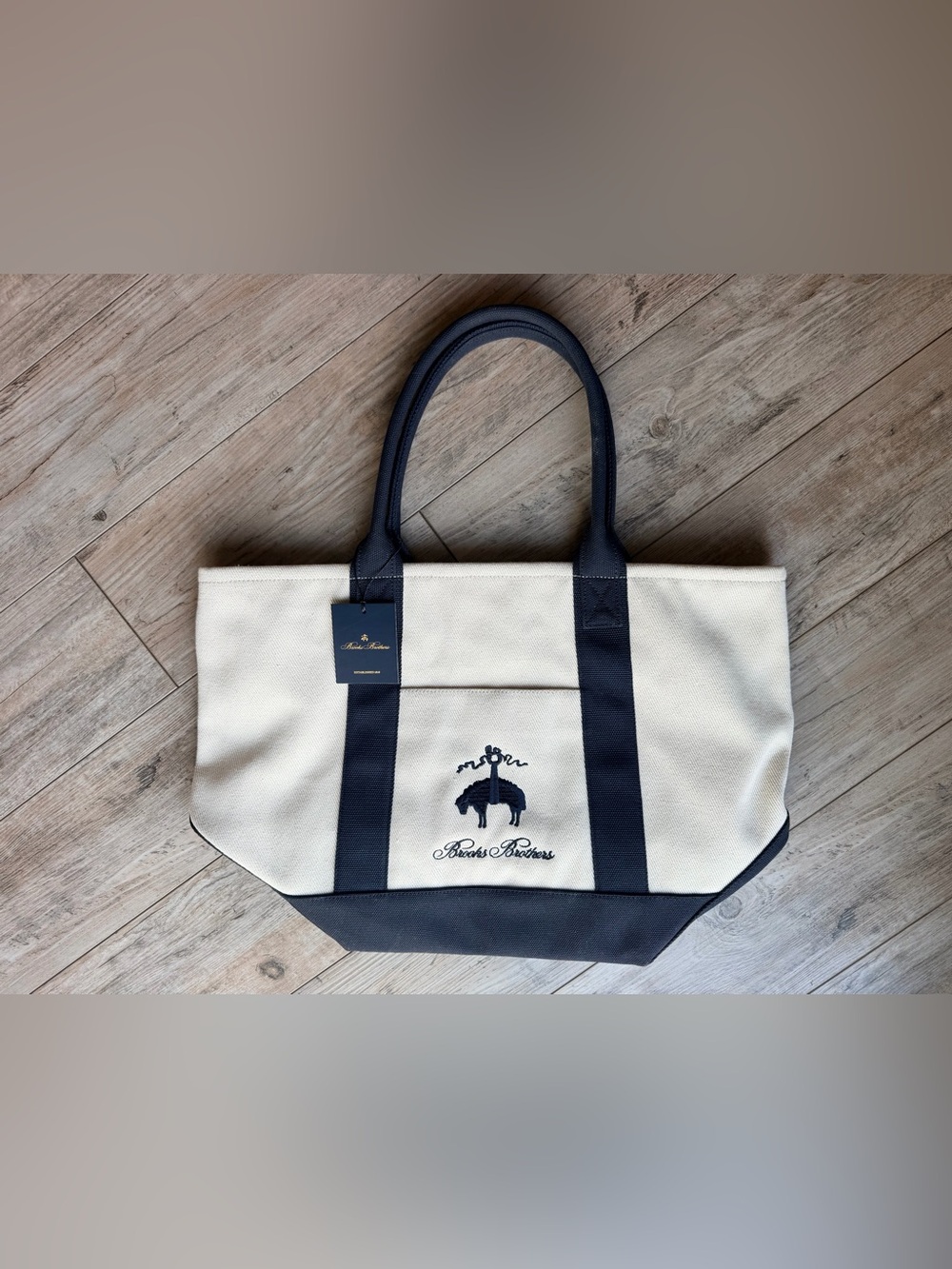 NWT Brooks Brothers Penn Canvas Tote Bag Navy Natural Golden Fleece Logo Large
